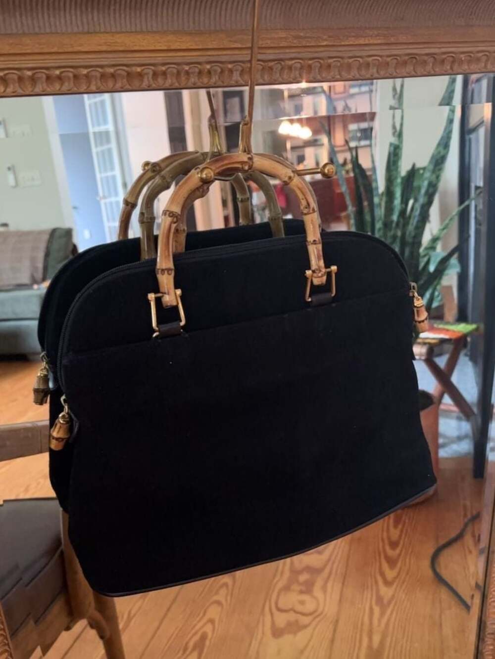Melange Genuine Leather Black Suede Bamboo Handle Satchel Handbag